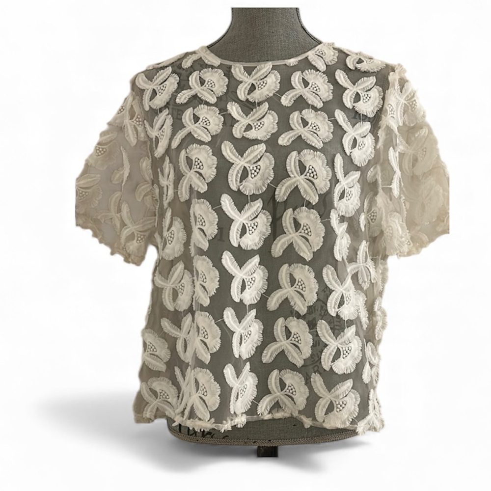 Lord & Taylor Sheer White Lace Spring Floral Short Sleeve Cottage Core Top